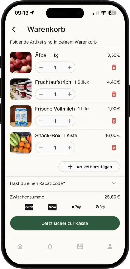 Warenkorb in der Hofly-App mit Artikeln, Mengen, Zwischensumme und den Zahlarten