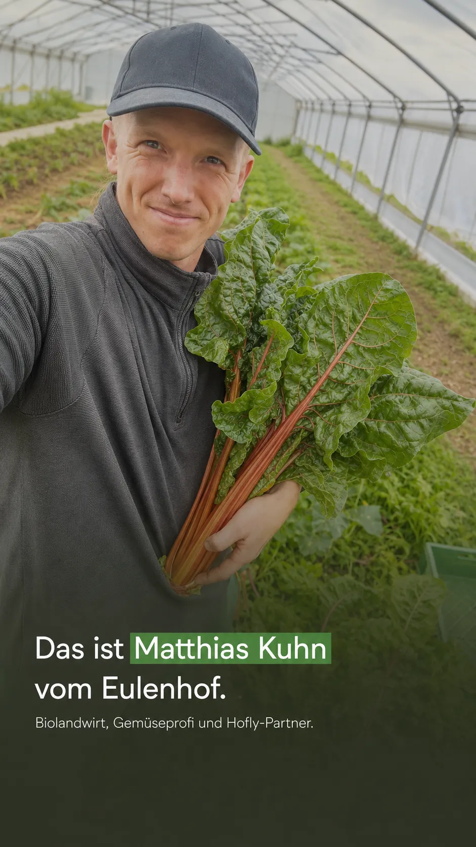 Matthias Kuhn steht im Folientunnel des Eulenhofs und hält einen Bund frisch geernteten Mangold in die Kamera