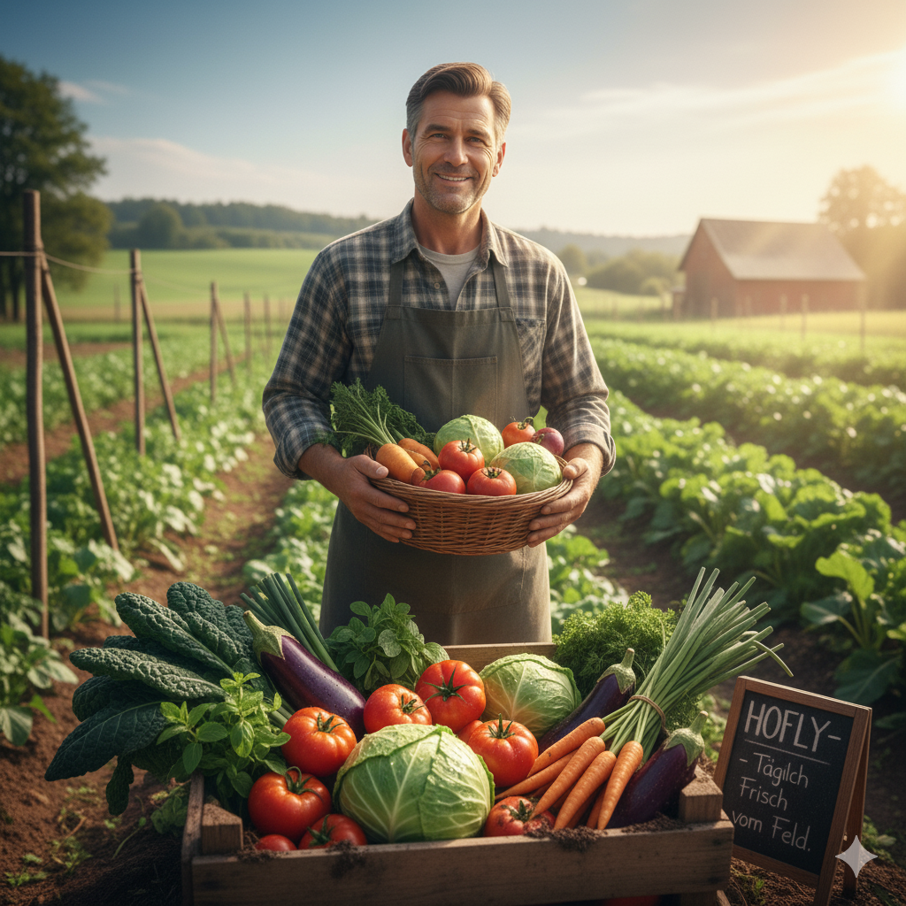 Ein Landwirt hält einen Korb mit frisch geerntetem Gemüse, direkt auf dem Feld. Hofly steht für 100% Transparenz und Qualität direkt vom Erzeuger.