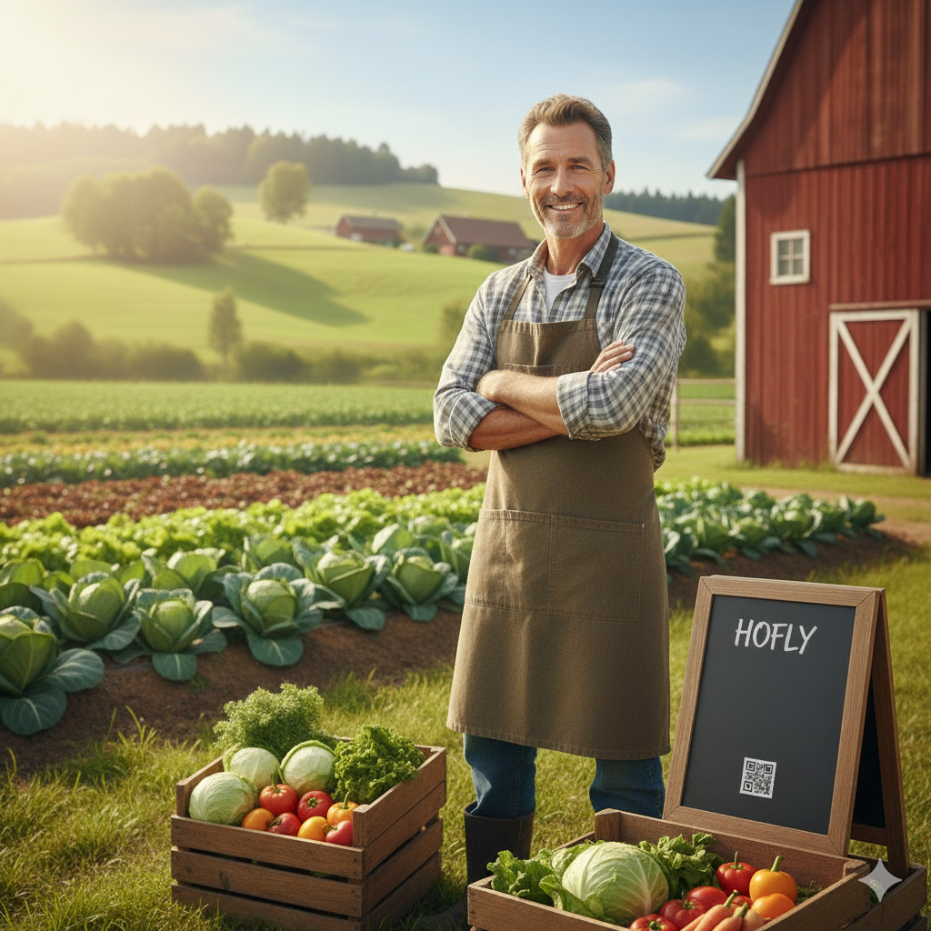 Ein stolzer Landwirt steht auf seinem Feld neben Kisten mit frischem Gemüse und einem Hofly-Schild. Wir bringen dich direkt mit den Erzeugern deiner Region zusammen.