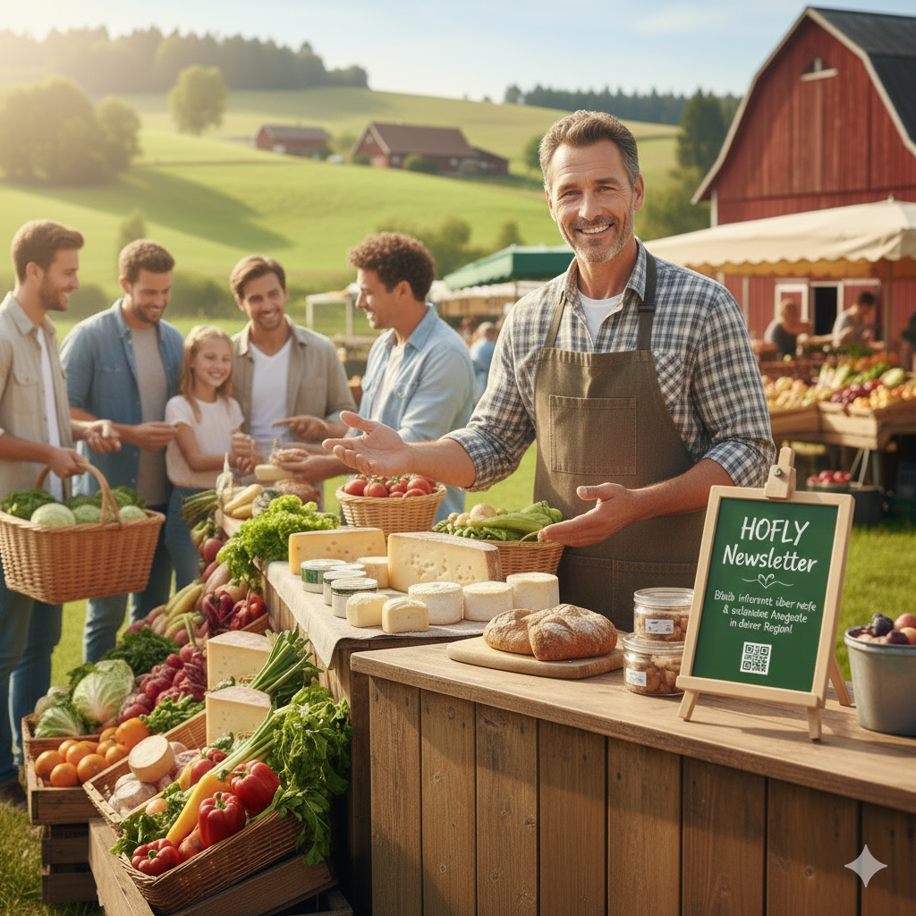 Ein freundlicher Landwirt an seinem Marktstand mit frischem Gemüse und Käse, der auf eine Tafel mit dem Hofly-Newsletter hinweist. Bleib informiert über saisonale Highlights.