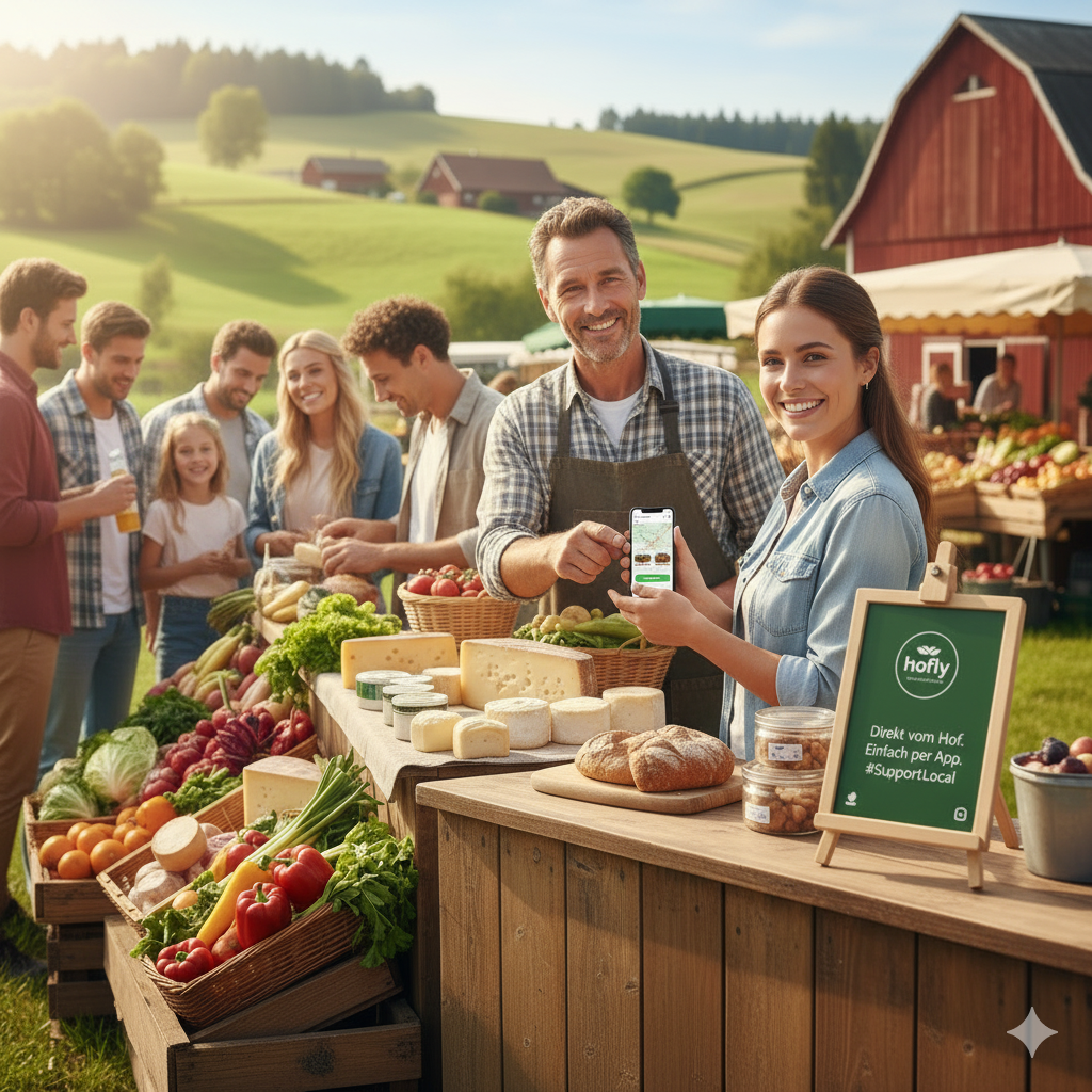 Ein Landwirt und eine Kundin präsentieren die Hofly-App auf dem Wochenmarkt. #SupportLocal war nie einfacher. Finde Höfe, bestelle frisch und unterstütze deine Region.