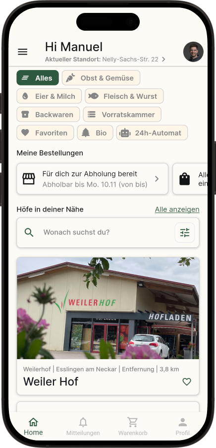 Die Hofly-App-Startseite ist dein persönlicher Guide zu den besten regionalen Produkten. Finde Höfe direkt in deiner Umgebung, filtere nach Kategorien wie "Obst" oder "Gemüse" und entdecke handverlesene "Top Höfe" auf einen Blick.
