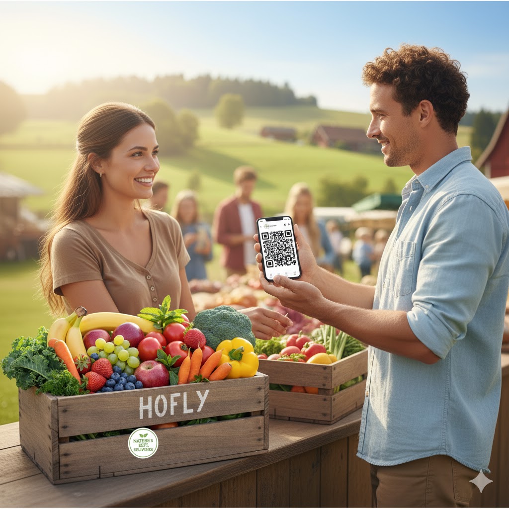 Ein Kunde zeigt seinen Hofly QR-Code auf dem Smartphone zur Abholung seiner Bestellung bei einer Hofladen-Betreiberin. Click & Collect beim Bauernhof deines Vertrauens.