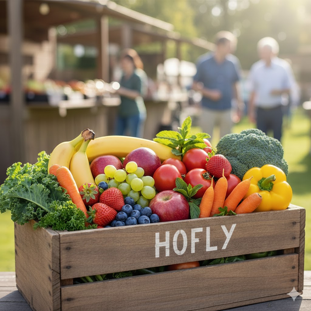 Eine Holzkiste, gefüllt mit frischem Obst und Gemüse (Bananen, Karotten, Erdbeeren, Brokkoli), trägt das Hofly-Logo und steht auf einer sonnigen Wiese. Deine wöchentliche Dosis Regionalität.