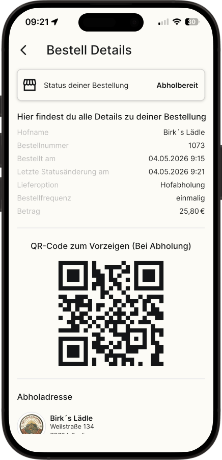 Nach dem Kauf erhältst du deine Bestellbestätigung mit allen Details: Transaktions-ID, Betrag und eine klare Transaktionsaufschlüsselung. Dein persönlicher QR-Code ist dein Ticket zur frischen Kiste – einfach auf dem Hof vorzeigen, scannen lassen und genießen!