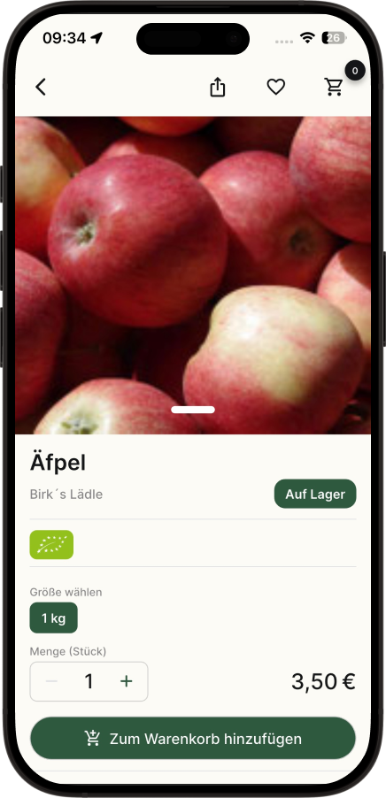 Erfahre alles über deine Produkte. Unsere Detailseite zeigt dir transparent, was "Regional" und "Eigener Anbau" bedeuten. Wähle einfach deine gewünschte Menge oder Größe aus und füge die frischesten Produkte direkt zu deiner Kiste hinzu.