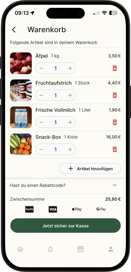 Dein Hofly-Warenkorb: Alle ausgewählten Produkte übersichtlich an einem Ort. Passe die Mengen einfach per Klick an oder lösche Artikel. Wähle anschließend, ob du deine Kiste selbst abholen oder (falls angeboten) bequem vom Hof liefern lassen möchtest.