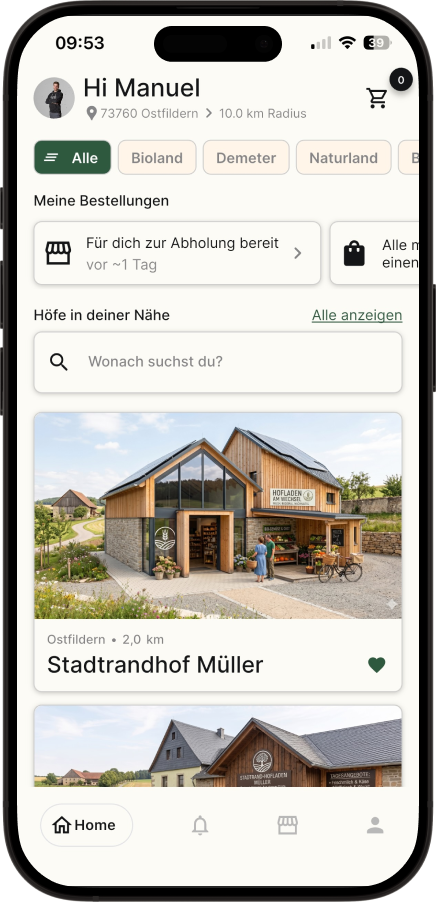 Die Hofly-App-Startseite ist dein persönlicher Guide zu den besten regionalen Produkten. Finde Höfe direkt in deiner Umgebung, filtere nach Kategorien wie "Obst" oder "Gemüse" und entdecke handverlesene "Top Höfe" auf einen Blick.