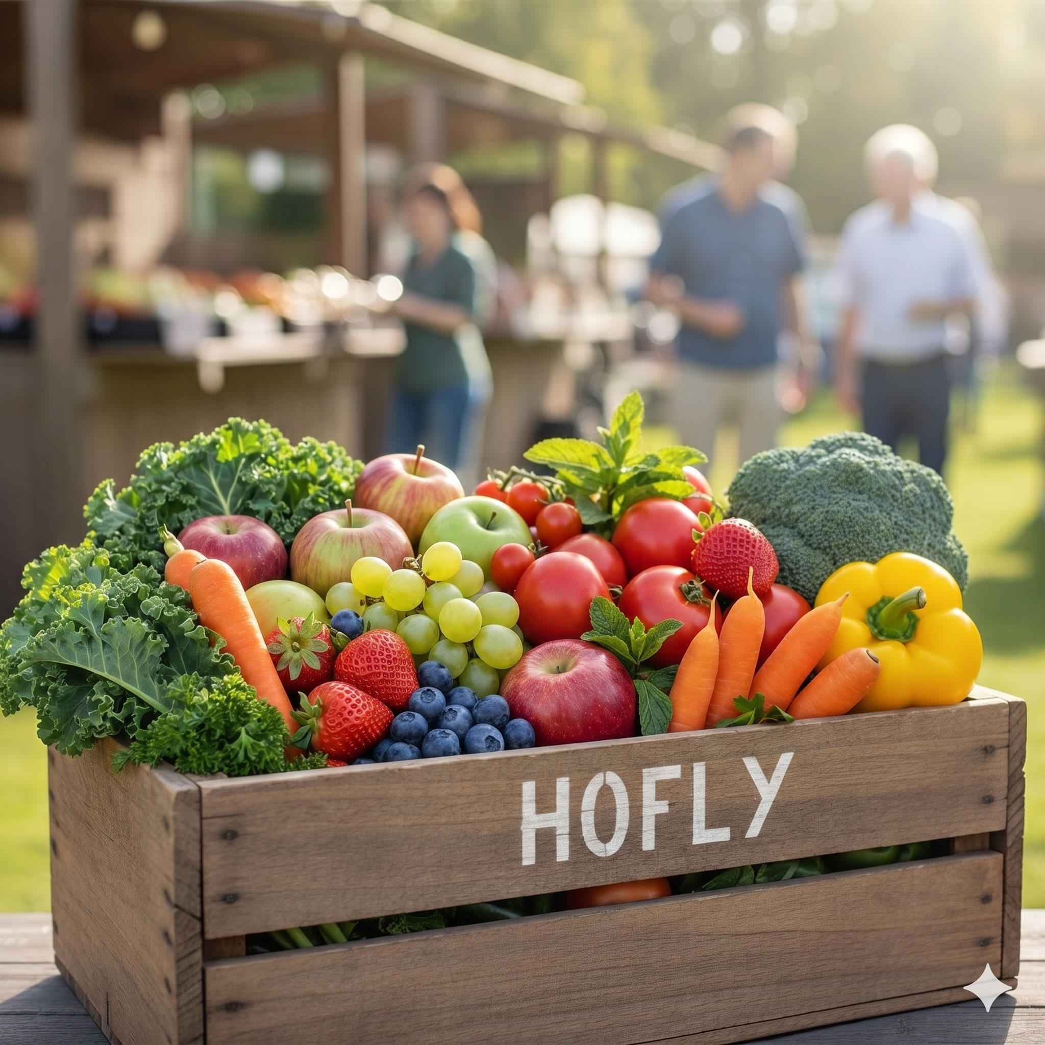 Eine Holzkiste, gefüllt mit frischem Obst und Gemüse (Karotten, Erdbeeren, Brokkoli), trägt das Hofly-Logo und steht auf einer sonnigen Wiese. Deine wöchentliche Dosis Regionalität.