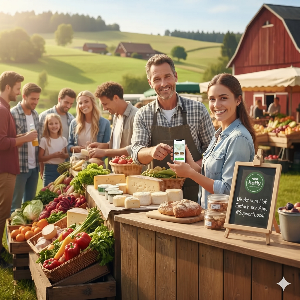 Ein Landwirt und eine Kundin präsentieren die Hofly-App auf dem Wochenmarkt. #SupportLocal war nie einfacher. Finde Höfe, bestelle frisch und unterstütze deine Region.