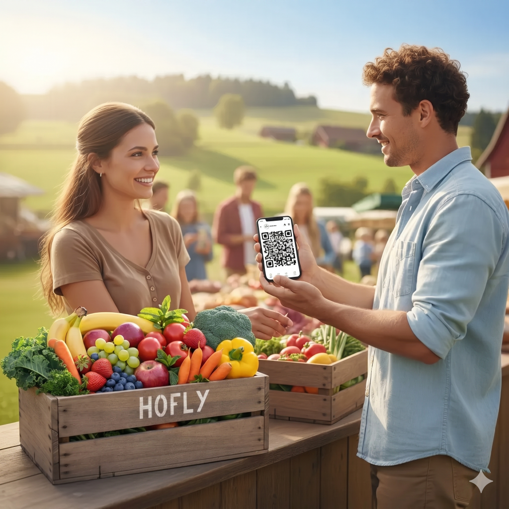 Ein Kunde zeigt seinen Hofly QR-Code auf dem Smartphone zur Abholung seiner Bestellung bei einer Hofladen-Betreiberin. Click & Collect beim Bauernhof deines Vertrauens.
