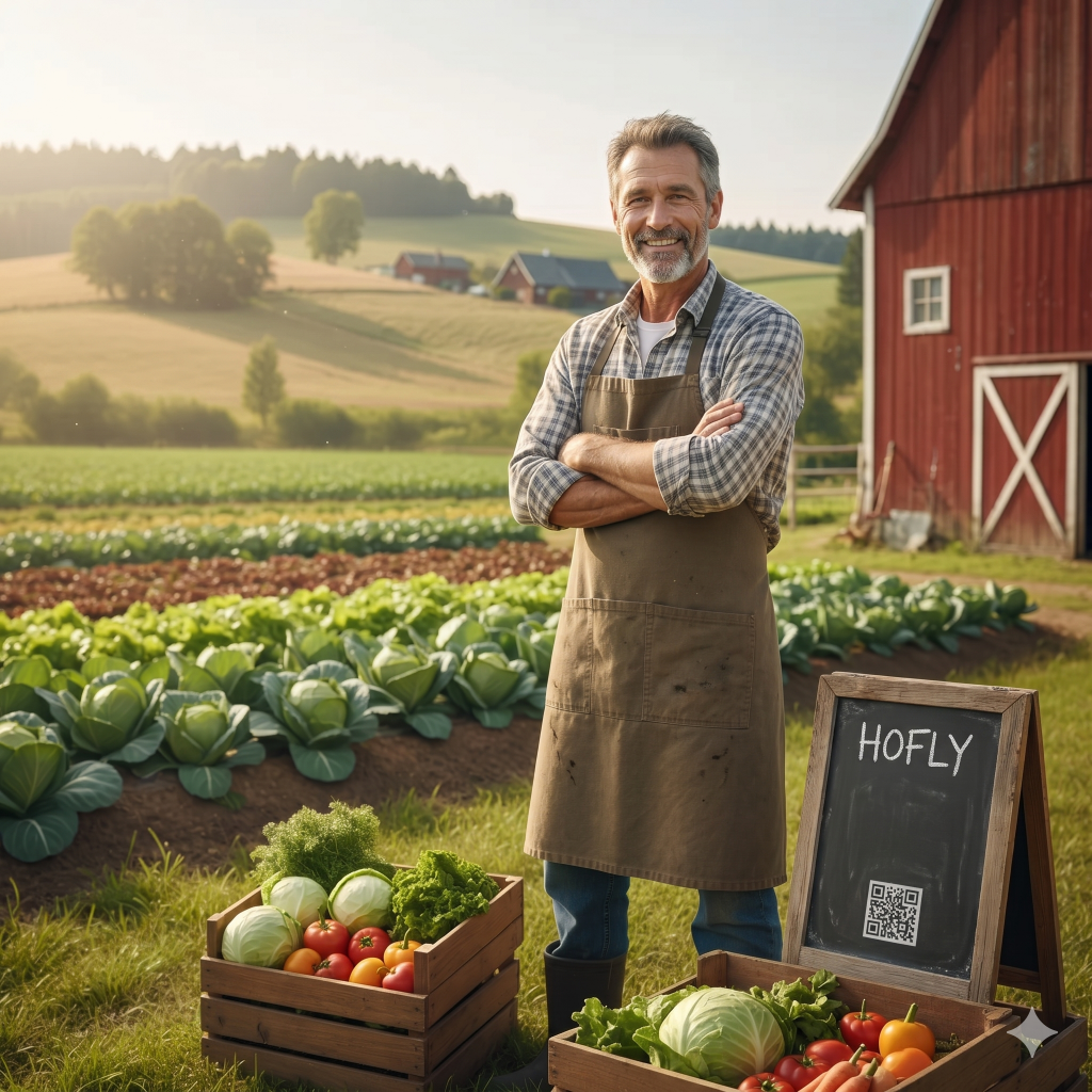 Ein stolzer Landwirt steht auf seinem Feld neben Kisten mit frischem Gemüse und einem Hofly-Schild. Wir bringen dich direkt mit den Erzeugern deiner Region zusammen.